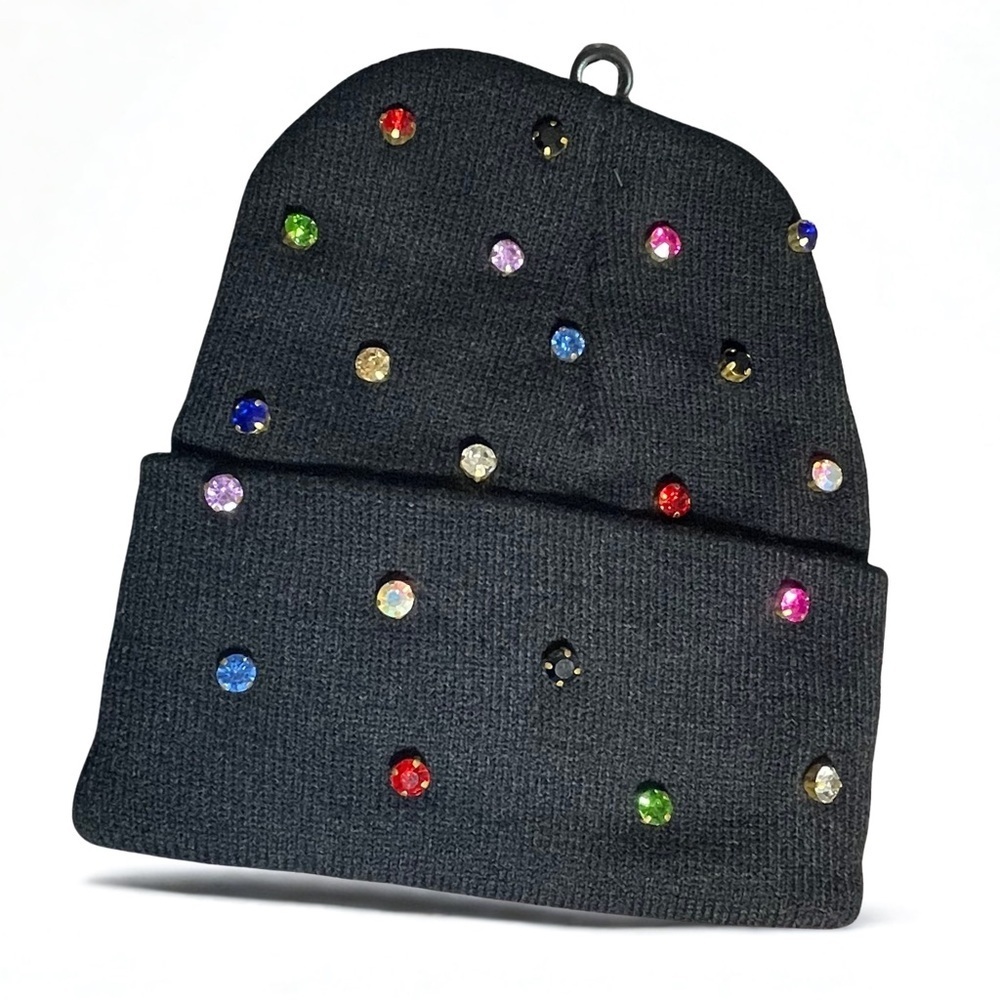 Custom Bedazzled Black Unisex Beanie – Hand-Sewn Colorful Rhinestones